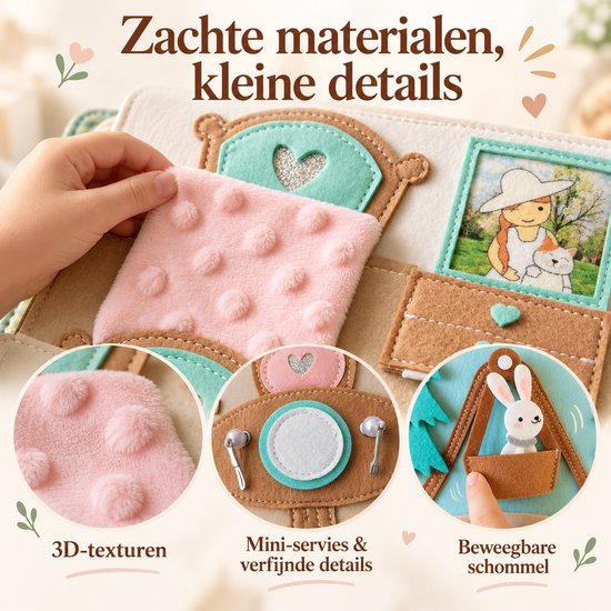 Detailopname van een Montessori-activiteitenboek met zachte 3D-texturen, miniatuur-servies en een bewegende schommel.