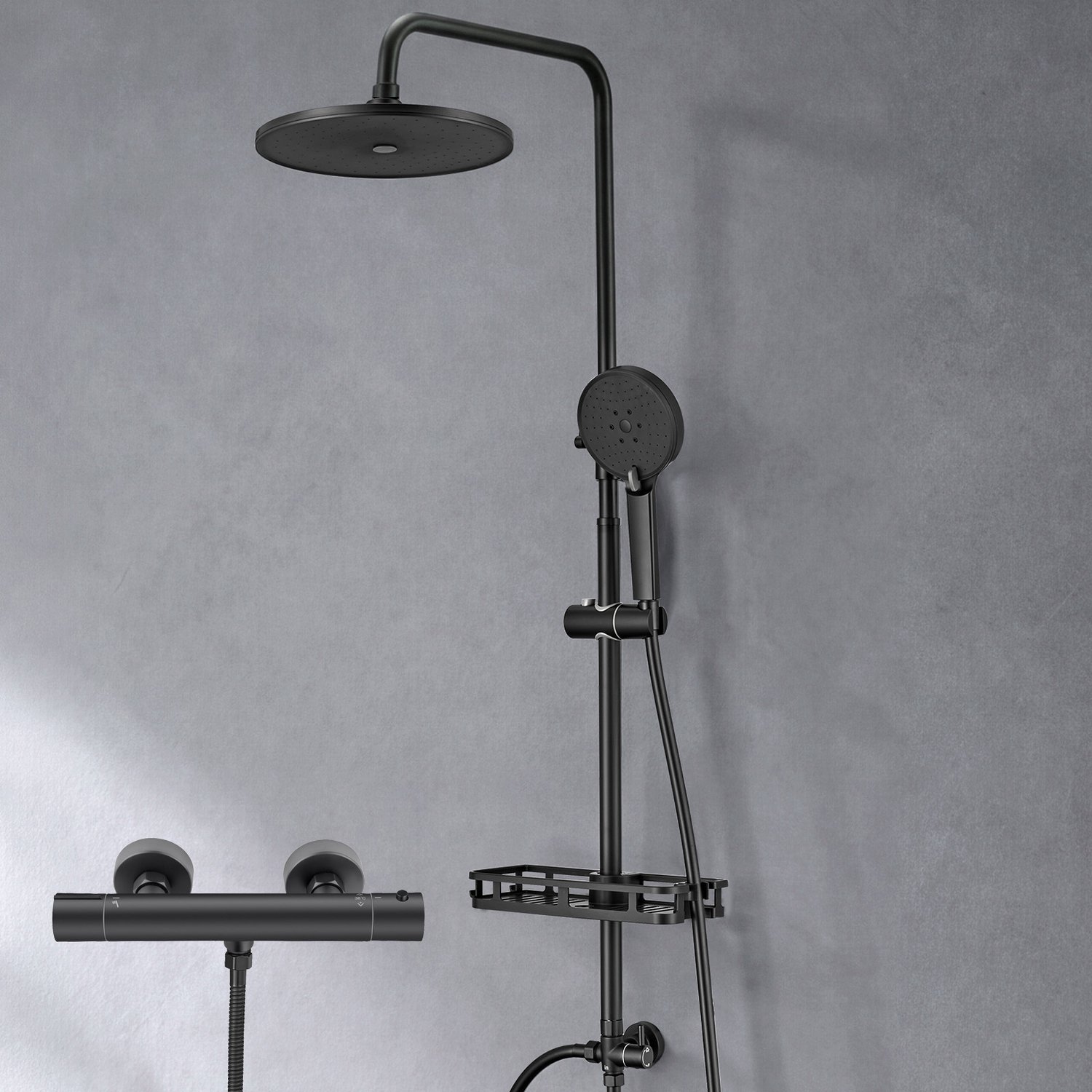 Auralum Max Regendouche met Thermostaatkraan - Doucheset Zwart - Ø 25 cm Regendoucheset - Inclusief thermostaatkraan en planchet - 10 inch Douchekop - 3 Standen Handdouche - met Zelfreinigingsfunctie - Zwart