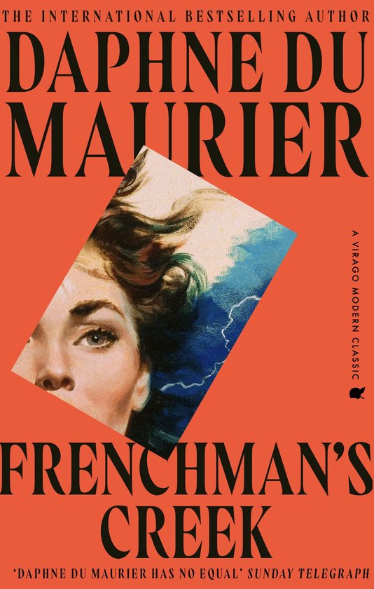 Boekomslag van Frenchman's Creek met een feloranje achtergrond, zwarte tekst en een illustratie van een vrouwenhoofd.