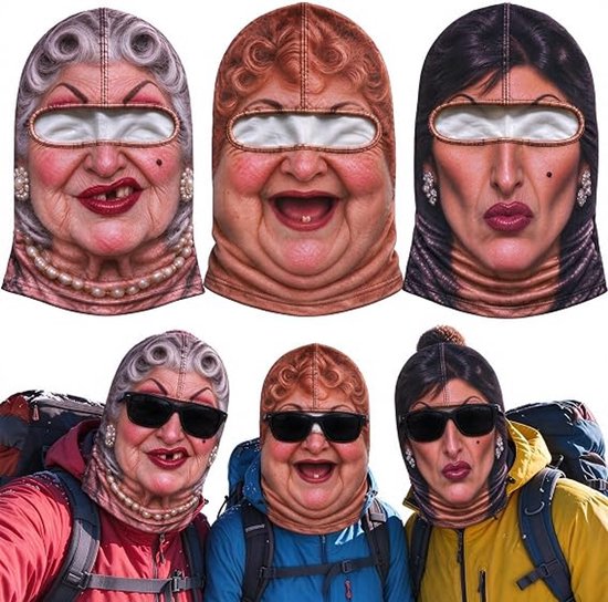 Bivakmuts - 3 stuks - Funny Ski Masks - Balaclava Fleece met 3D face print - Helmmuts - Nekwarmer- voor Skien, Snowboarden, Motorrijden, Wielrennen & Schaatsen - Dame
