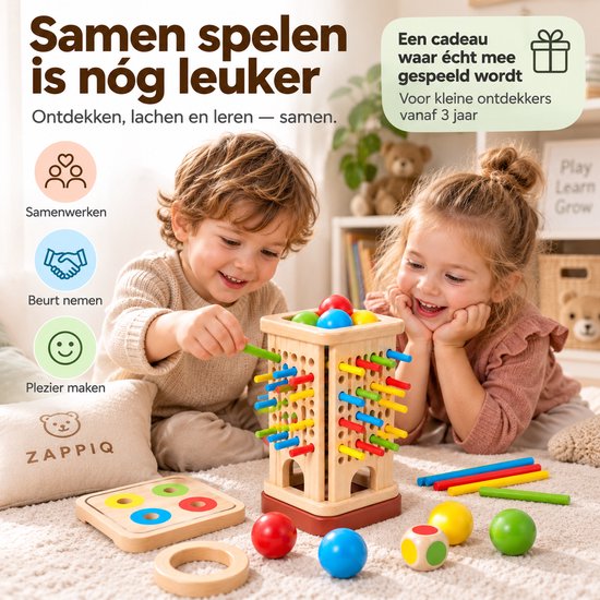 Zappiq Montessori Houten Speelgoed 3-in-1 Stokspel – Educatief Spel voor Kleurherkenning – Cadeau 3 Jaar - Kinderspellen — afbeelding 4