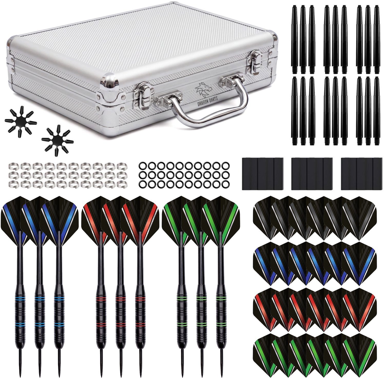 Dragon Darts 135-Delige Dartset - 3 Sets Dartpijlen met Stevige Aluminium Dart Case - Dart Flights, Dart Shafts en vele Dart Accessoires