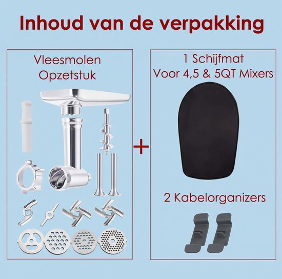 Metalen Voedselmolen Opzetstuk Geschikt voor KitchenAid Keukenmachine - Vleesmolen & Worstvuller Accessoireset met 4 Maalschijven & 3 Mesjes — afbeelding 2