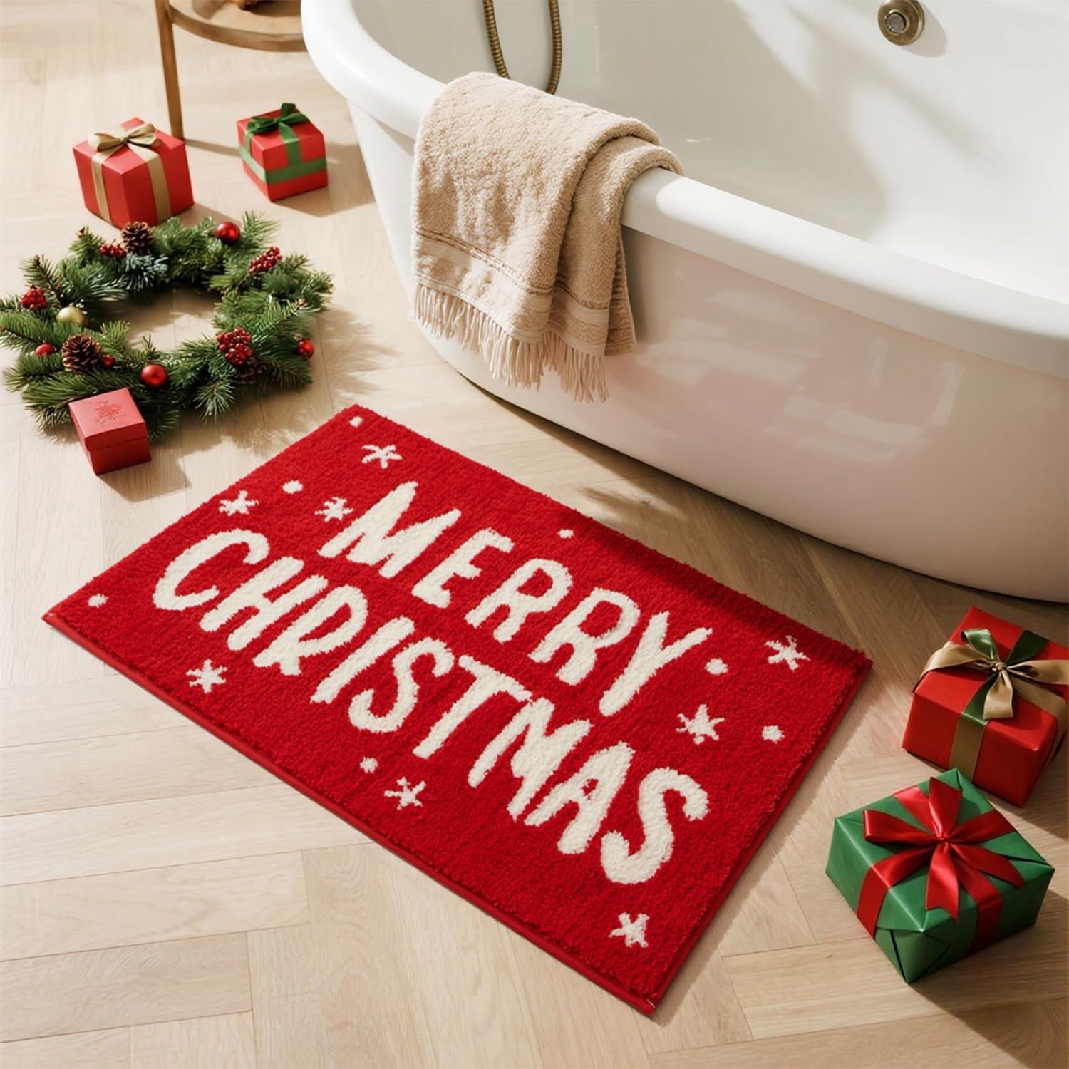 Kerstbadkamermat – Antislip, wasbare "Merry Christmas"-mat (ca. 50 x 76 cm); ultra-absorberende rode badmat in kerststijl; zacht, feestelijk kleed voor de badkamer