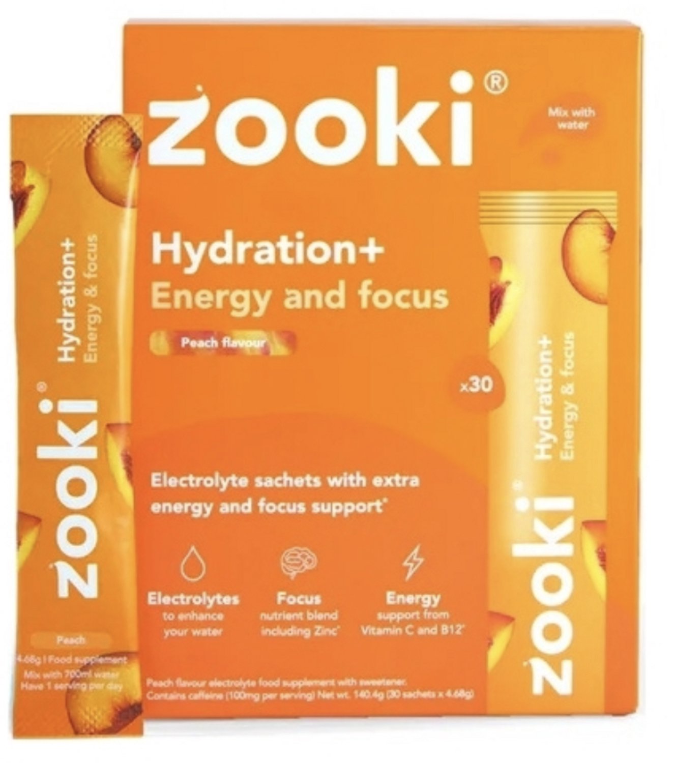 Zooki Hydration+ Energy and Focus Peach Flavour 30 x 4.68 Gram Sachets