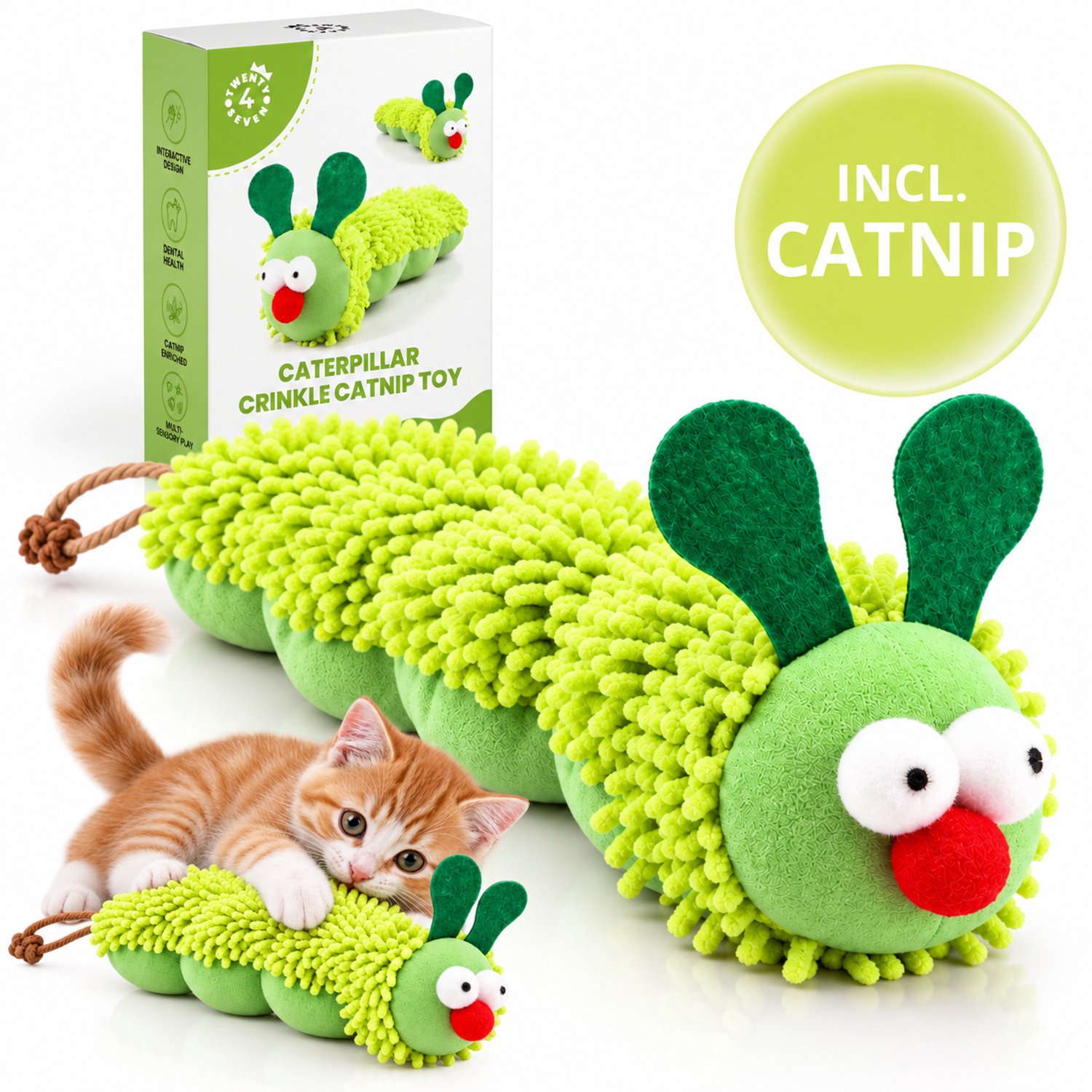 Twenty4seven® Kattenspeelgoed met Kattenkruid - Groene Pluche Rups met Catnip - Knuffeldier en Speelgoed voor de Kitten - Kattenspeeltjes voor Volwassen Katten
