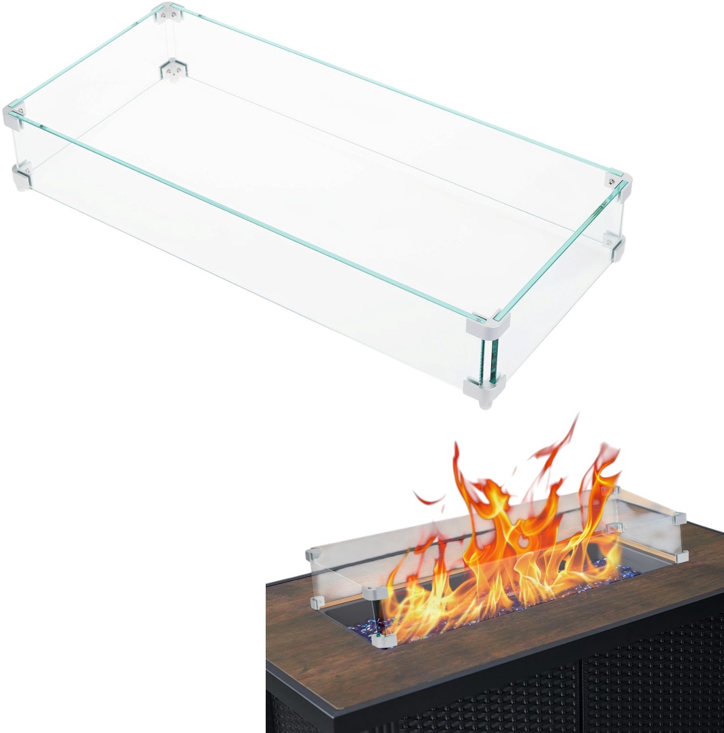 Windscherm van gehard glas – Hittebestendig en vonkbestendig – Beugels van aluminiumlegering – Antislipvoetjes – Transparant 44 × 44 × 15 cm (dikte 0,80 cm)
