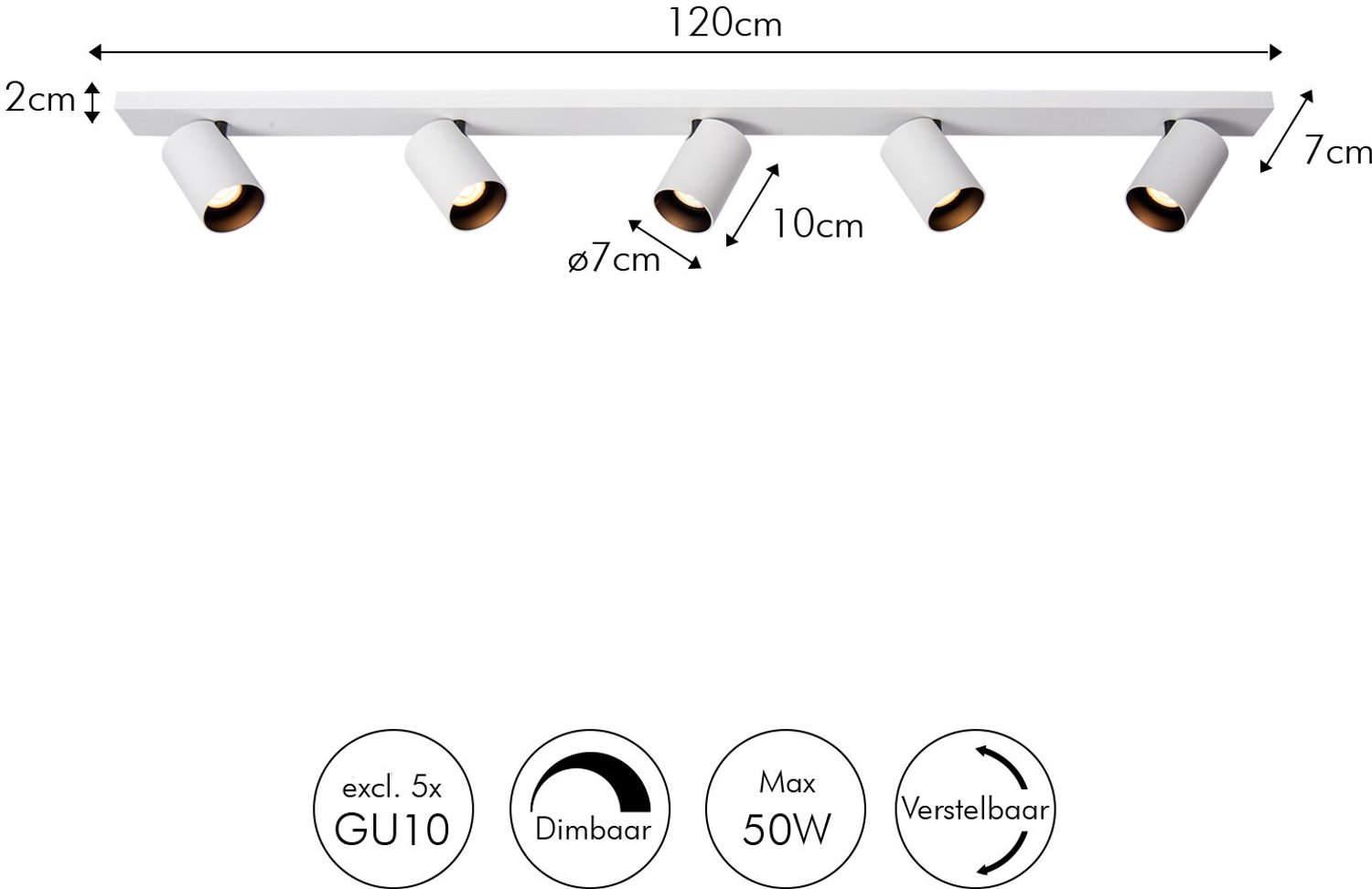 Atmooz - Nuo 5 - Wit & Zwart - 50W - GU10 - Metaal - Opbouwspot - Plafondspot - Woonkamer / Eetkamer / Slaapkamer