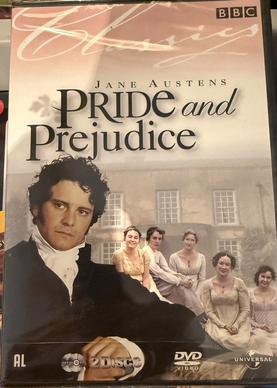 Dvd-hoes van Jane Austens Pride and Prejudice, met een man in 19e-eeuwse kledij en vrouwen op een landgoed.