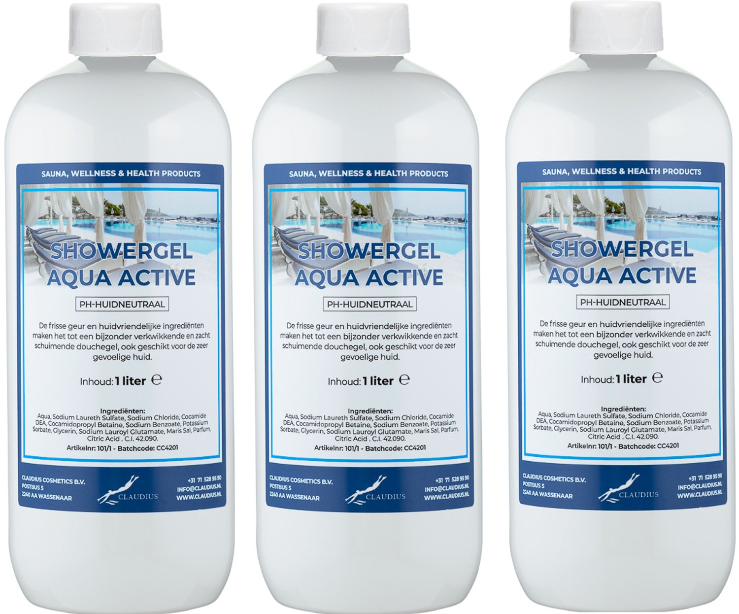 Claudius Douchegel Aqua Active 1 Liter - set van 3 stuks - showergel - navulling - voordeelverpakking