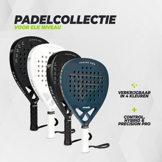 Vier VirtuFit Fusion Pro padelrackets in zwart, wit, en blauw. Padelcollectie voor elk niveau.