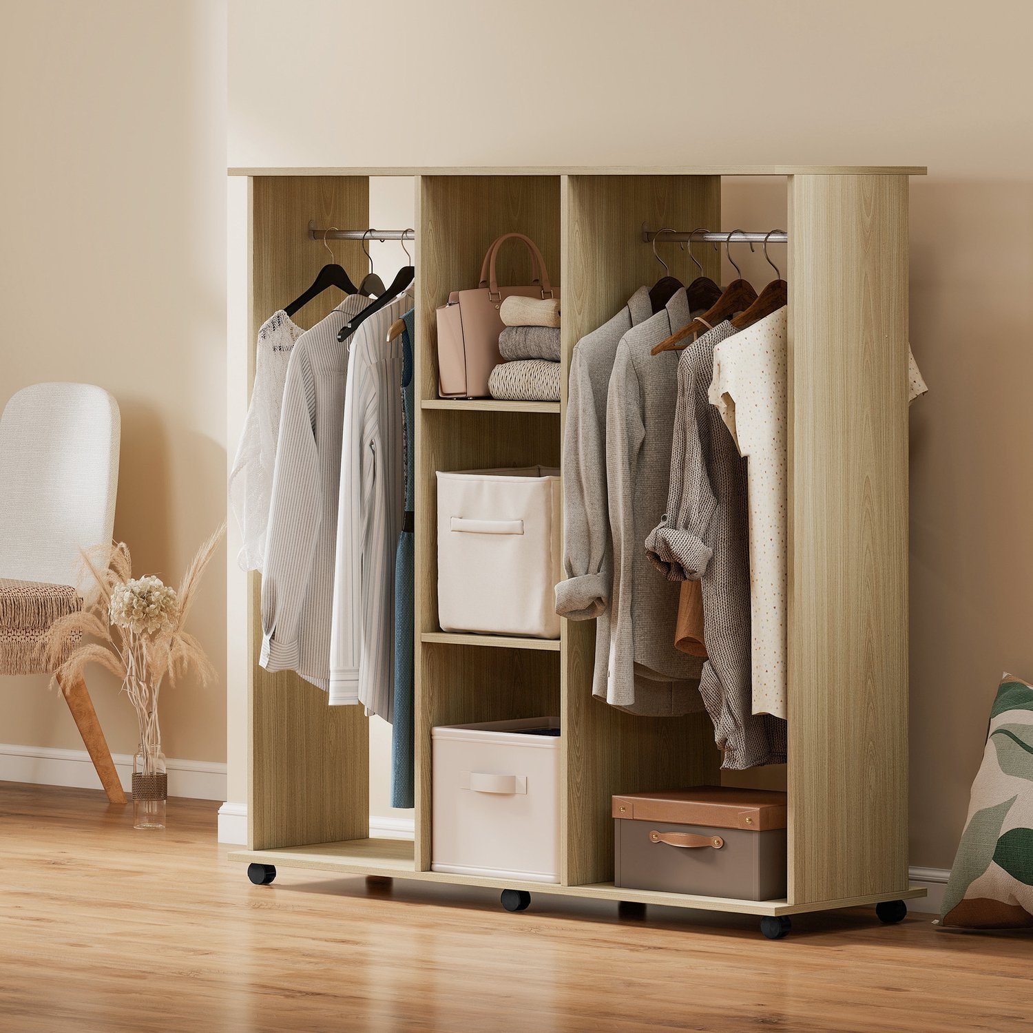 TEKROA® Kledingkasten - Open kledingkast - verrijdbaar dubbel opbergrek - met 6 wielen – 128H x 120L x 40Wcm - naturel