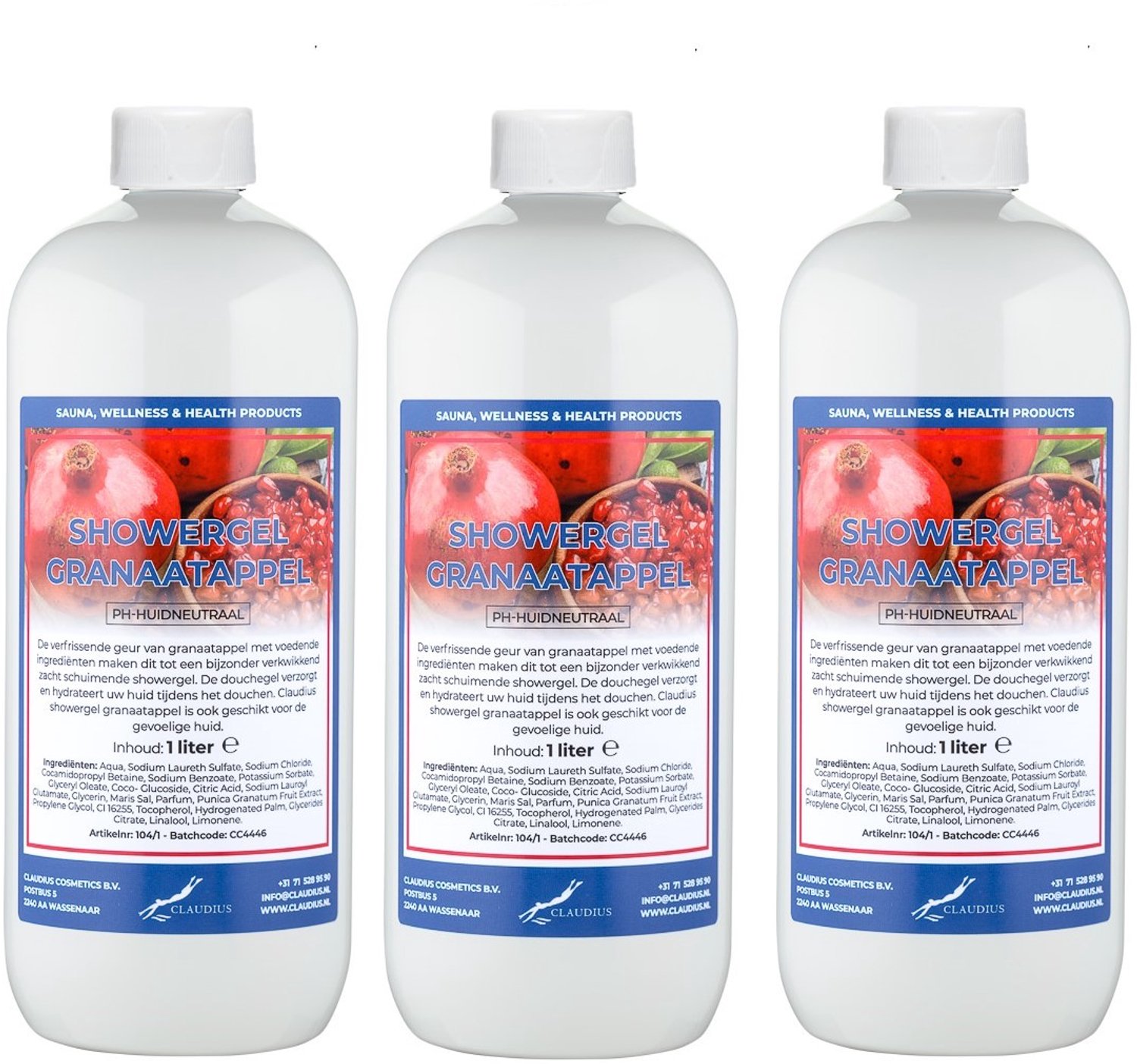 Claudius Douchegel Granaatappel 1 liter - set van 3 stuks - showergel - navulling - voordeelverpakking