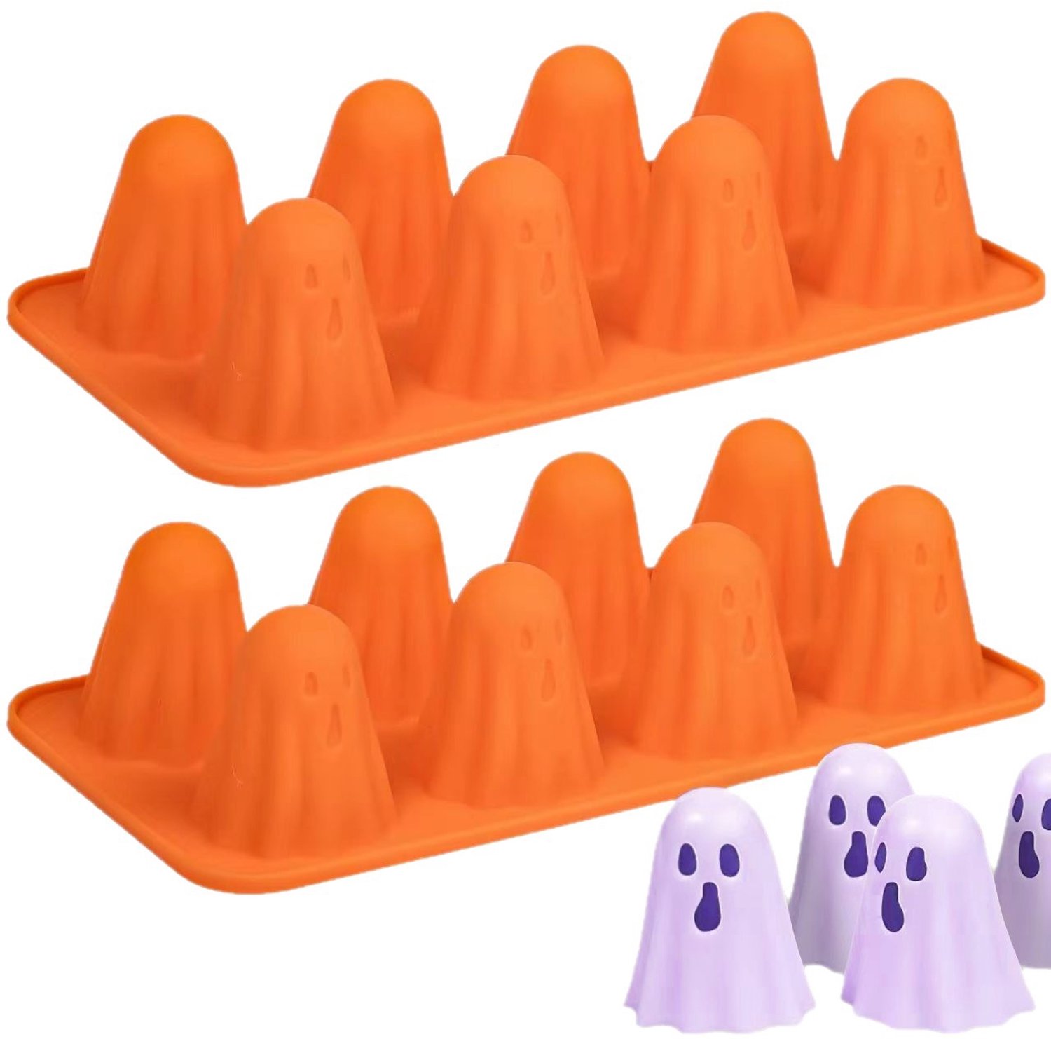 KZQ 2 stuks Siliconen chocoladevorm in de vorm van Halloween-spookjes – Geschikt voor het maken van snoep, gelei en fondant – 8 vormpjes – Oranje