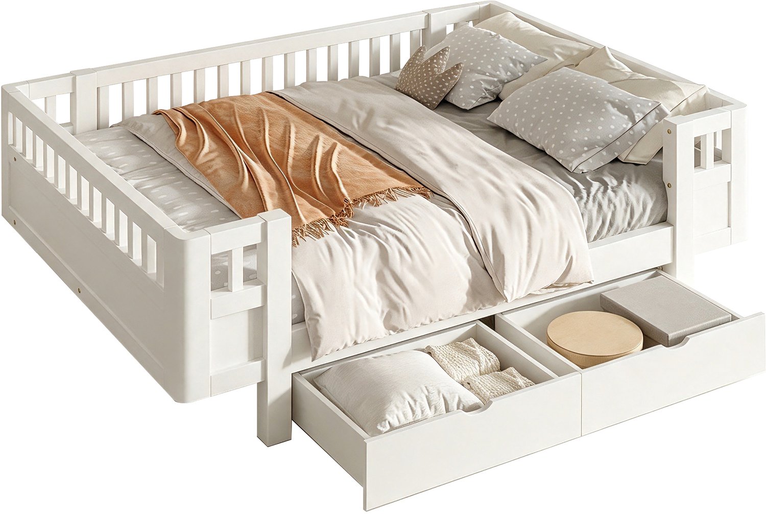 MUVANO Platformbed 140x200 - Bed Met Uitvalbeveiliging - Wit Bed Met Twee Lades - Kinderbed Massief Hout - 140x200 cm - Met Opbergruimte - Kinderkamer Wit