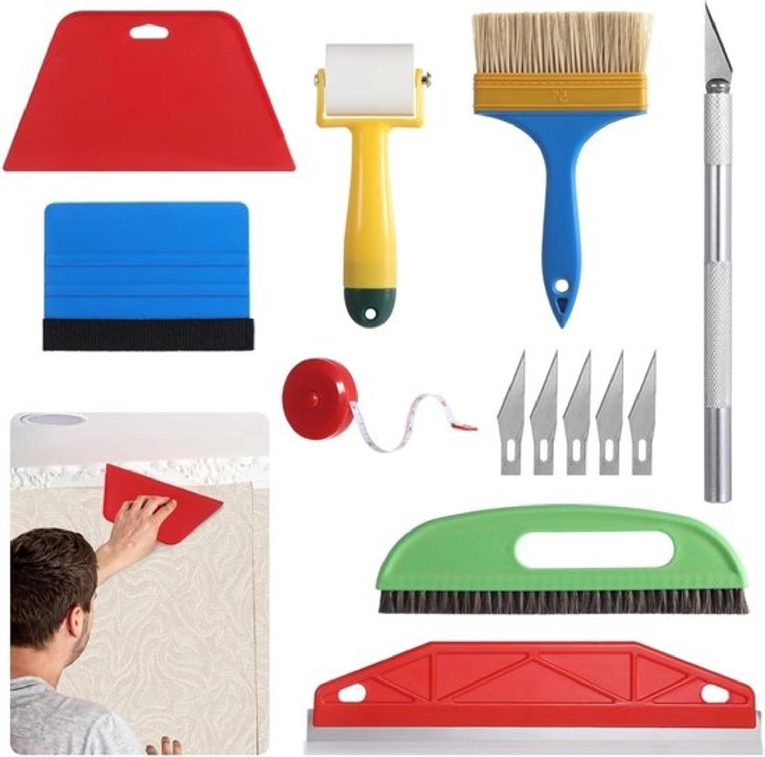 Behanggereedschapsset - Gladstrijkkit - Behang aanbrengen - Compleet, 13-delig - 27 x 17 x 4 cm - Kleurrijk