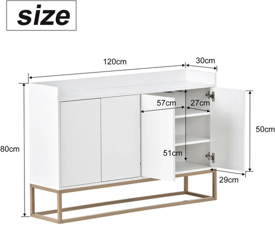 Wit dressoir met goudkleurig onderstel en maataanduidingen (size) in centimeters voor hoogte, breedte en diepte.
