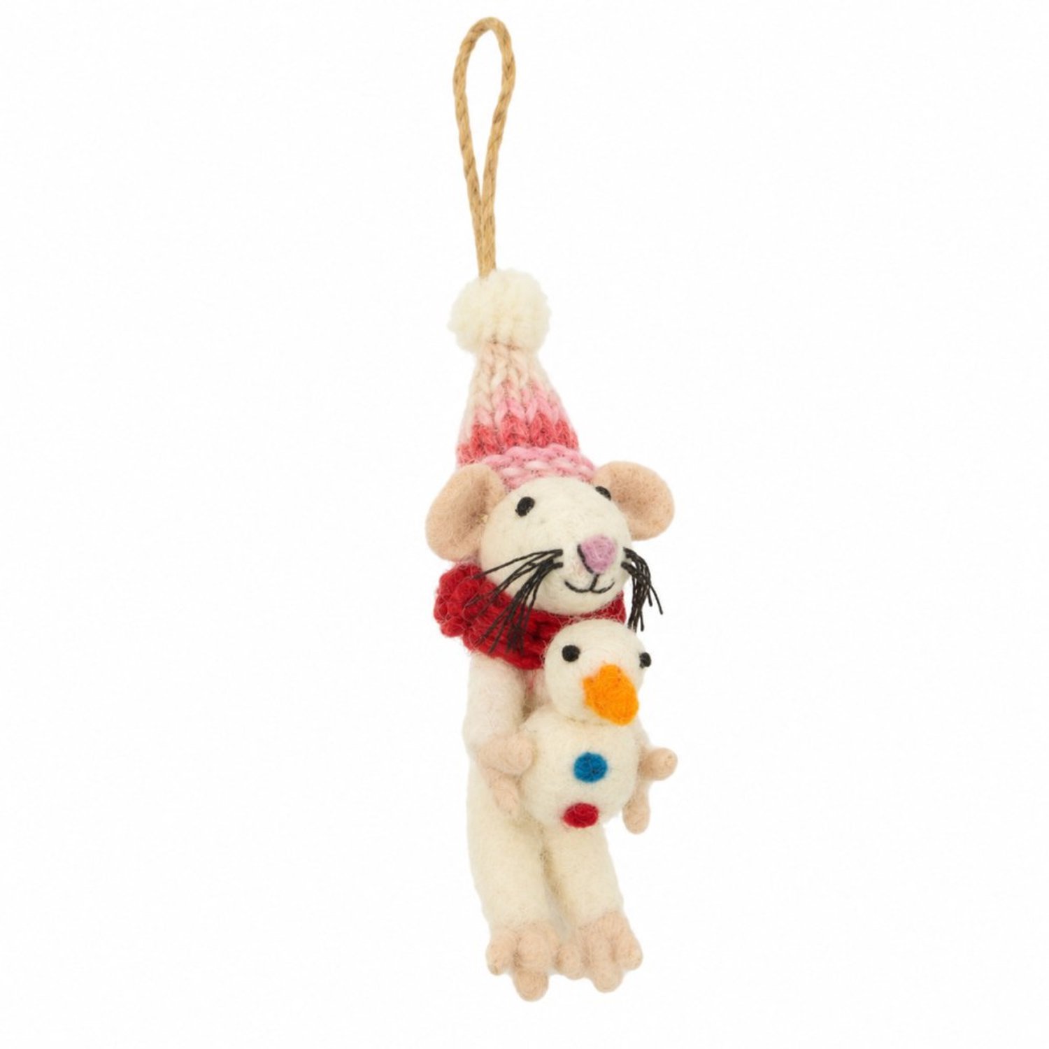 Yoko Meshi Ornament vilt kerst muis houdt sneeuwpop vast Rood