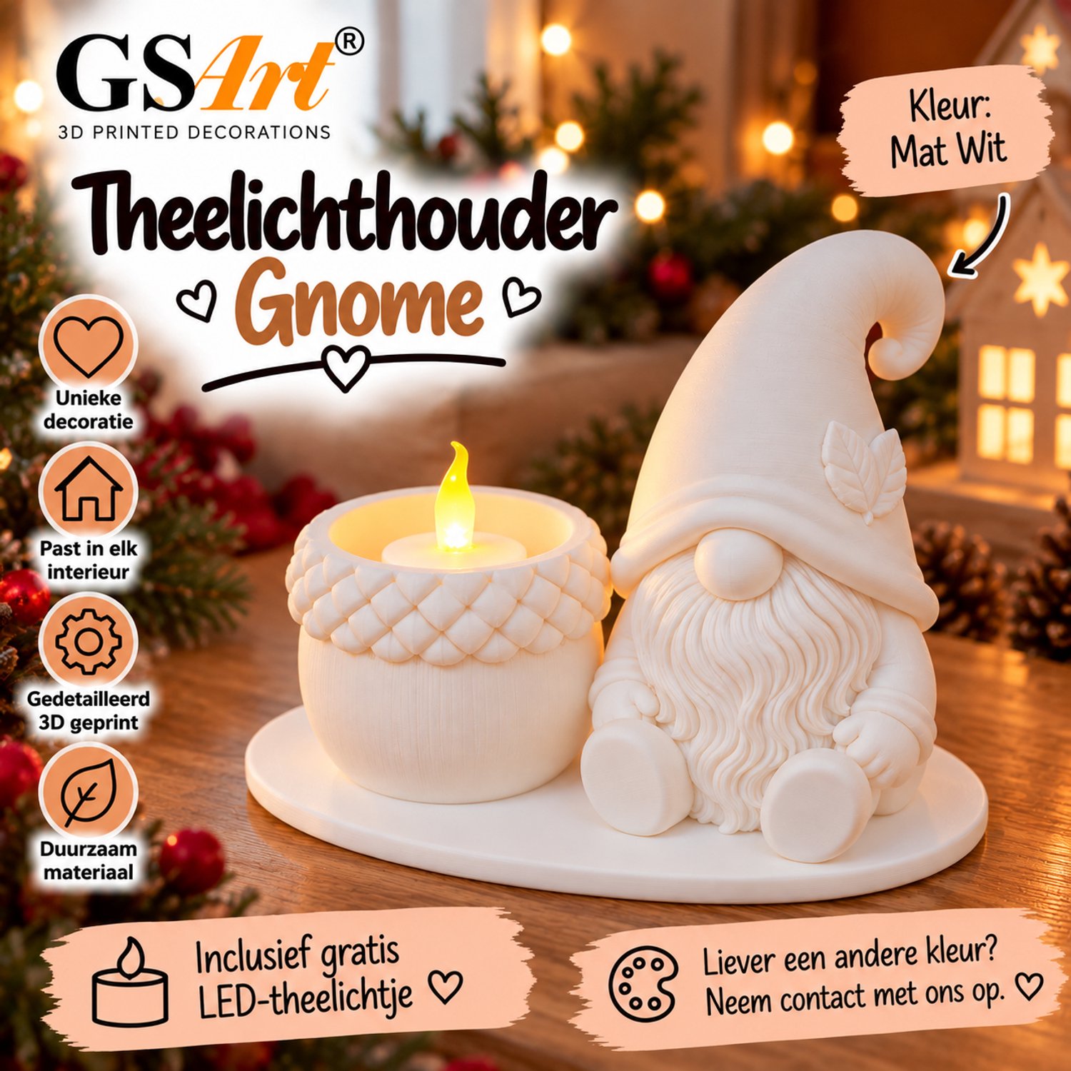 GSArt Theelichthouder Gnome – Inclusief LED Theelichtje – 3D Geprint - Mat Wit