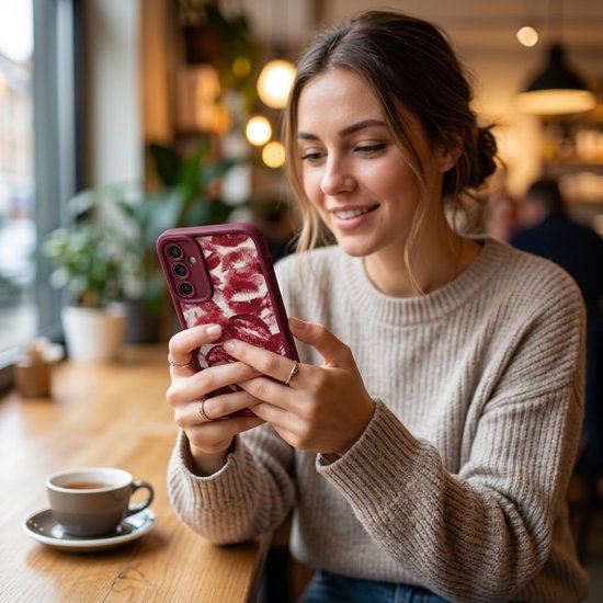 Vrouw met bruin haar draagt een beige trui en houdt een bordeauxrood hoesje met lippenprint vast in een café.