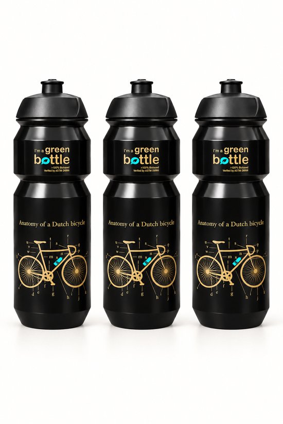 Drie zwarte Retulp drinkflessen met goudkleurige opdruk van een fiets en tekst: I'm a green bottle, Anatomy of a Dutch bicycle.