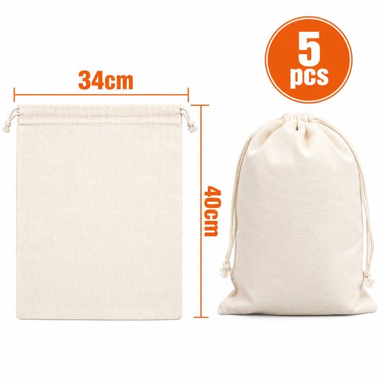 Kaiyaya - Trekkoordzakken set - 5 stuks natuurkleur - katoen canvas - 34 x 40 cm - met trekkoord sluiting en schouderriemen — afbeelding 3