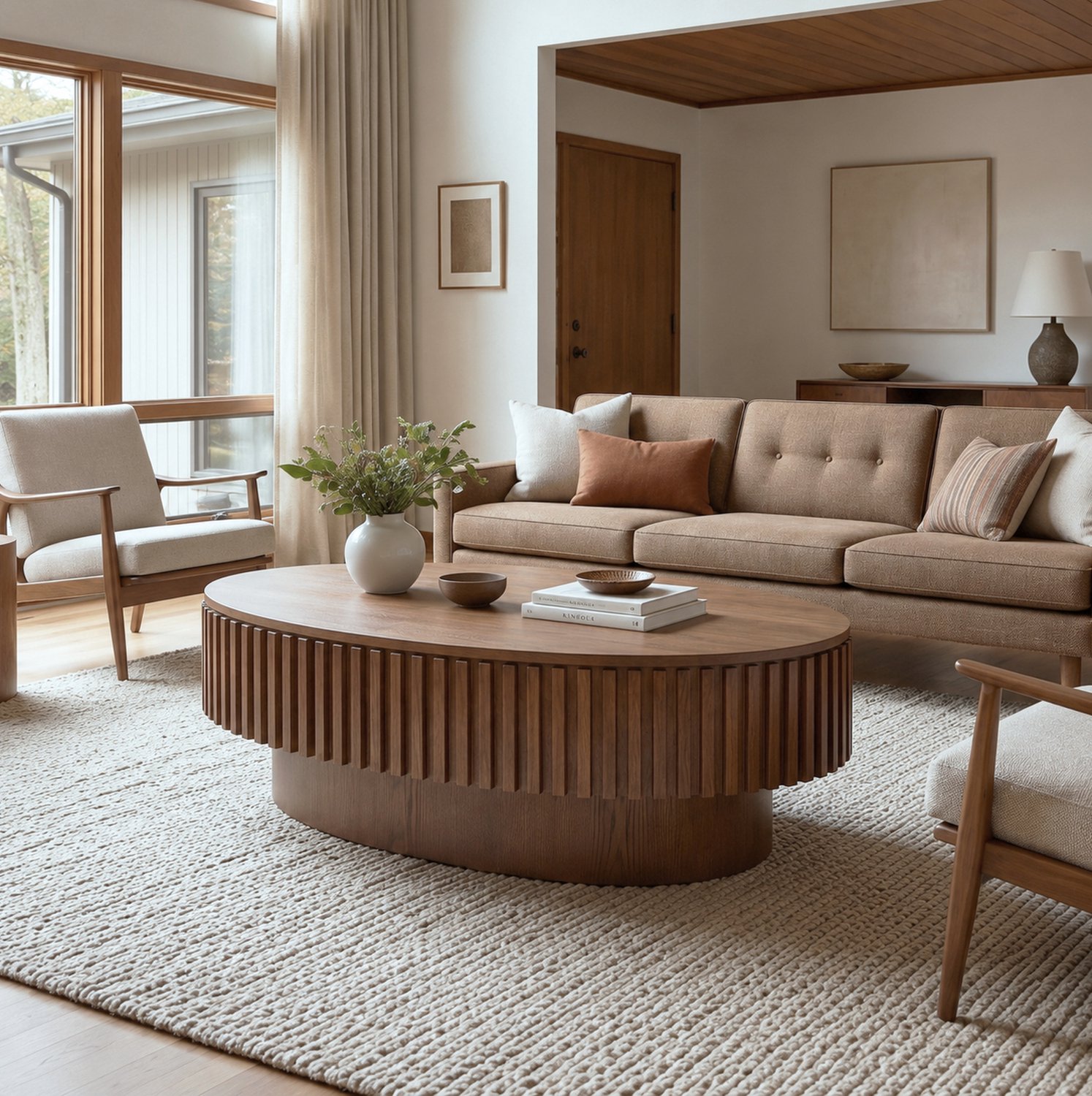 OKWISH Salontafel - Ovaal Geribbeld Design - Verborgen Opbergruimte - Woonkamer - MDF Met Houtfineer Walnoot - 98 x 60 x 35 cm