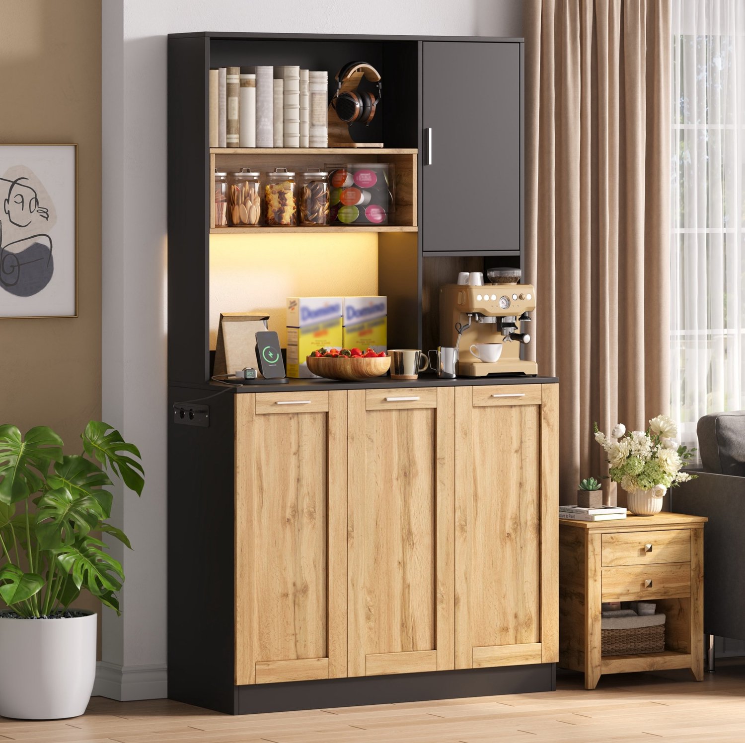 OKWISH Keukenkast - Hoge Opbergkast Met Ledverlichting En Stopcontacten - Verstelbare Legplanken - MDF Natuurlijk Zwart - 100 x 40 x 180 cm Naturel