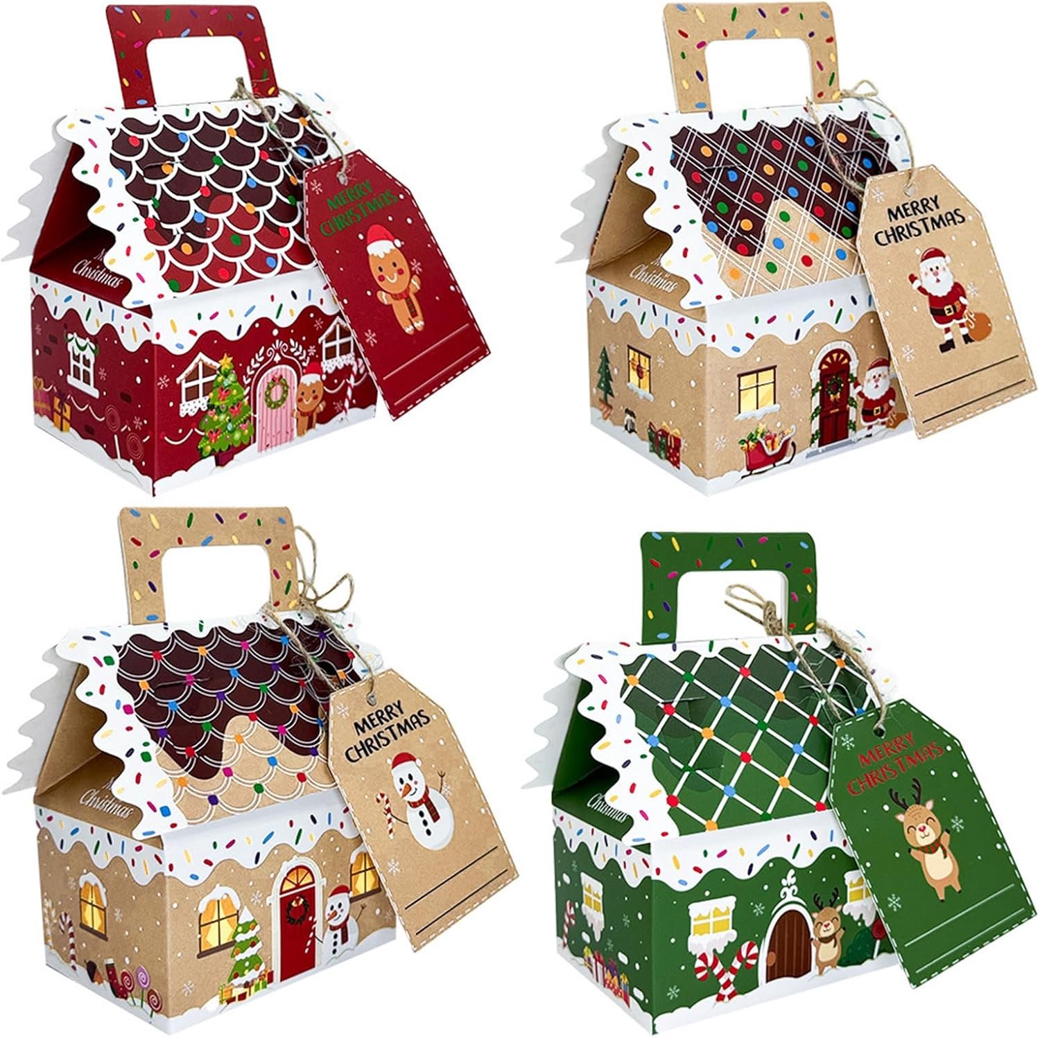 KZQ 24 Stuks Kerstdoosje voor snoep – Verpakking doos – Geschenkdoos – Koekjesdoos met handvat – Kerstversiering - Geschikt voor cadeaus voor kinderen en volwassenen, feestjes en cadeauartikelen – 4 ontwerpen
