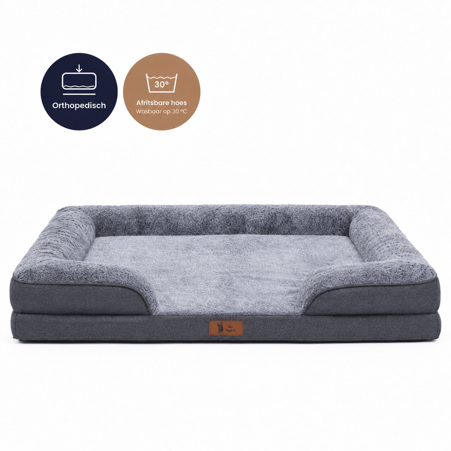 Pet Perfect Orthopedische Cosy Hondenmand - Wasbaar Hondenbed - Verhoogde Rand - Waterafstotende Binnenhoes - Antislip - 112x81 cm - XL - Antraciet