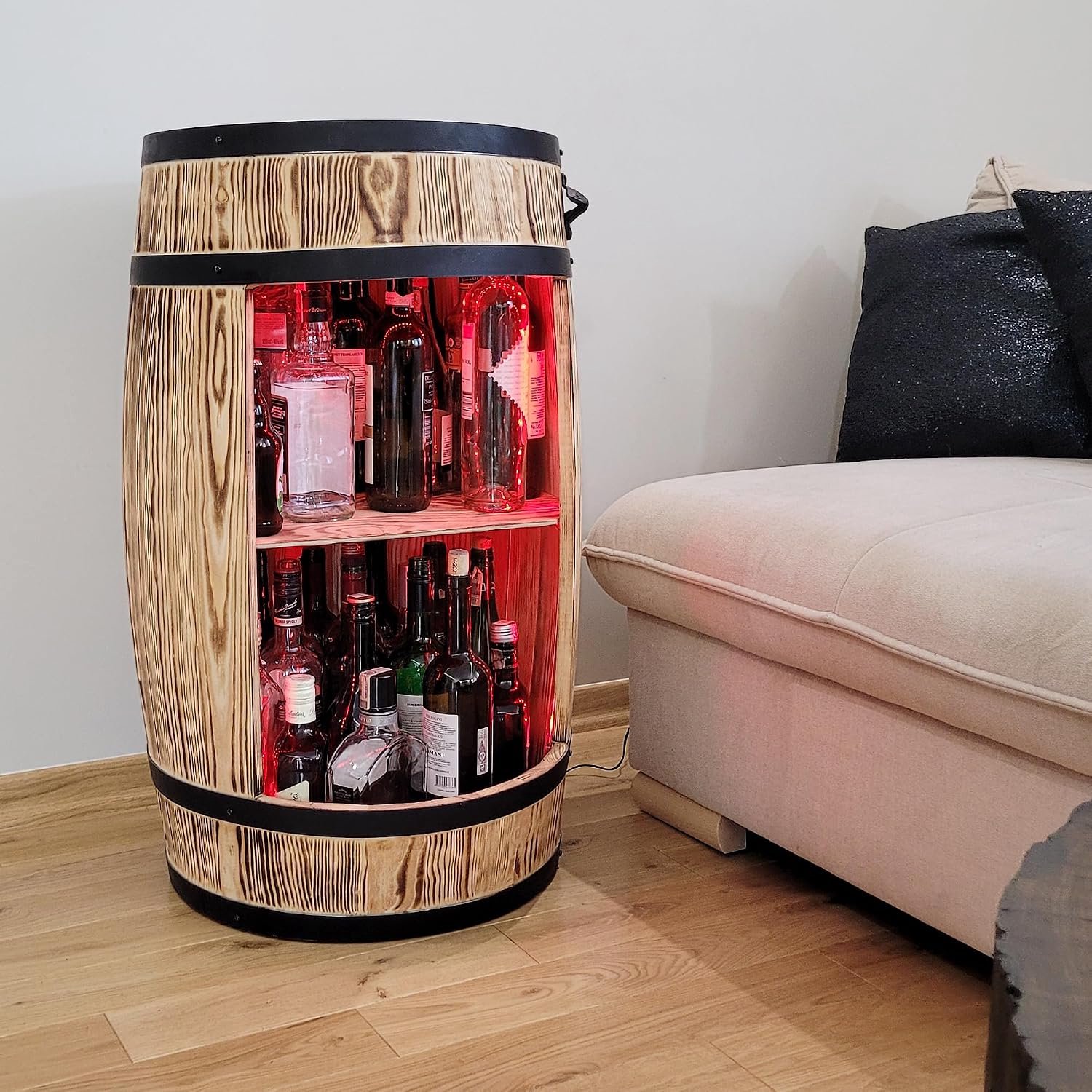 Houten Wijnvat Barkast met RGB LED Verlichting – Wijnrek, Flessenkast en Decoratieve Bar 80 × 50 cm