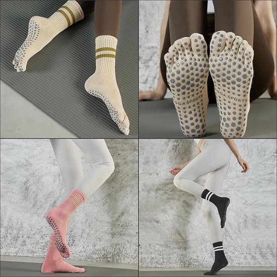 Sokken - antislip - 3 paar - Yoga Sokken - sokken dames - ademende katoenen sokken - pilates teensokken - sportsokken - met tenen - voor ballet, pilates, ziekenhuis, thuis - Beige, roze, zwart — afbeelding 4