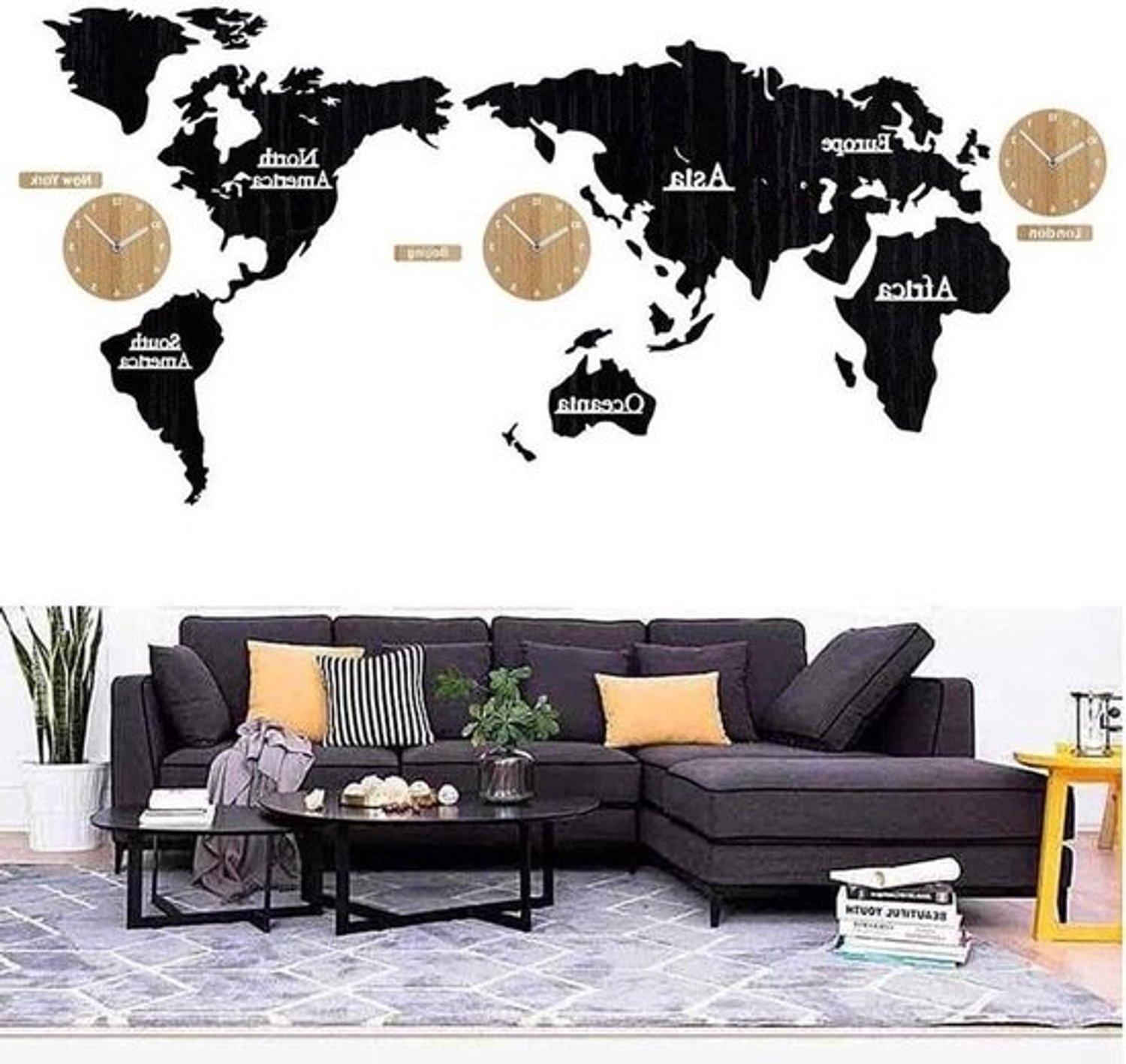 Wereldkaartwandklok - Decoratieve klok - Woonkamerdecoratie - Stille beweging - N.v.t. - Houtkleur