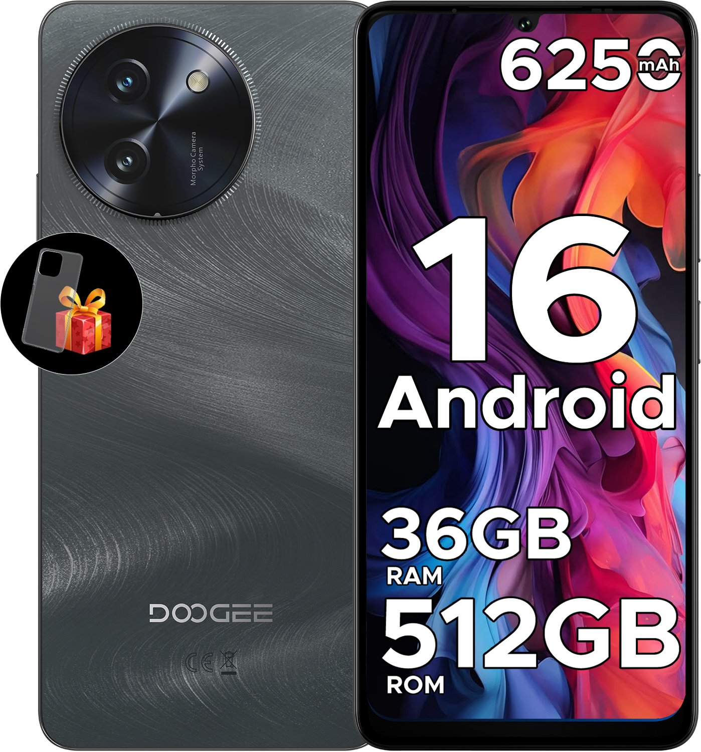 DOOGEE Note59 Pro+ 5G - Mobiele telefoon - Smartphone - 36 GB RAM+ 512 GB ROM - Android 16 - 6,75 in HD+ 120 Hz - 6250mAh/18W - UNISOC T8200 - Camera 50 MP - Face ID - GPS - Zwart