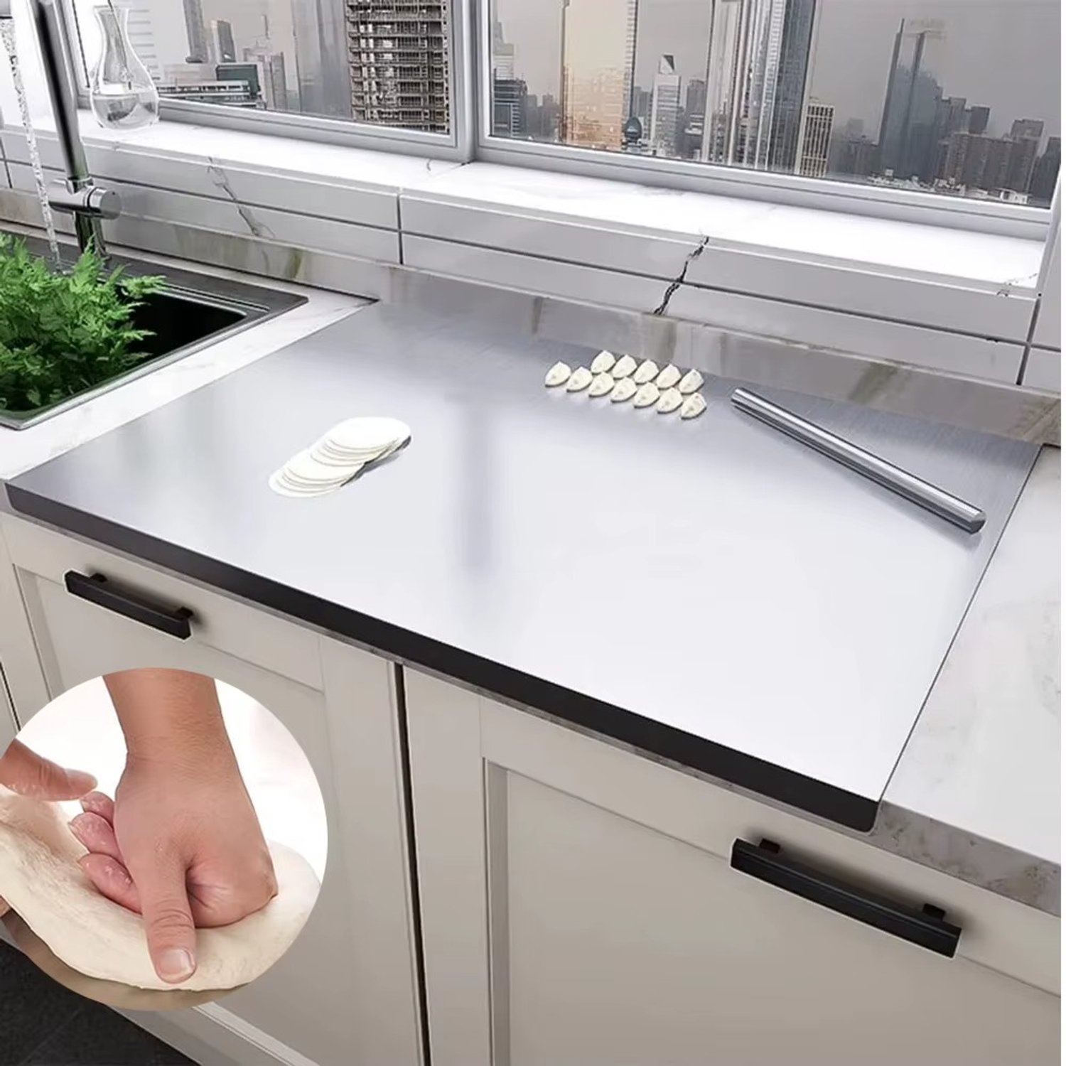 CreateEcom snijplank - rvs snijplank - met antisliprand - dubbelzijdig te gebruiken - keuken snijplank voor groenten, fruit, gebak en deegbereiding - zilver