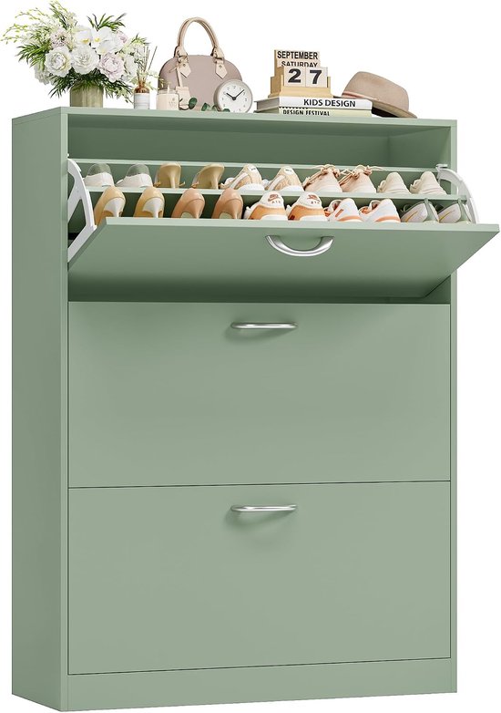 HMTM Schoenenkast met 3 Kantelvakken – Groen – Schoenenopberger voor 12-24 Paar Schoenen – Smalle Schoenenkast – Ruimtebesparend Schoenenrek voor Hal en Entree HMTM-FP-811