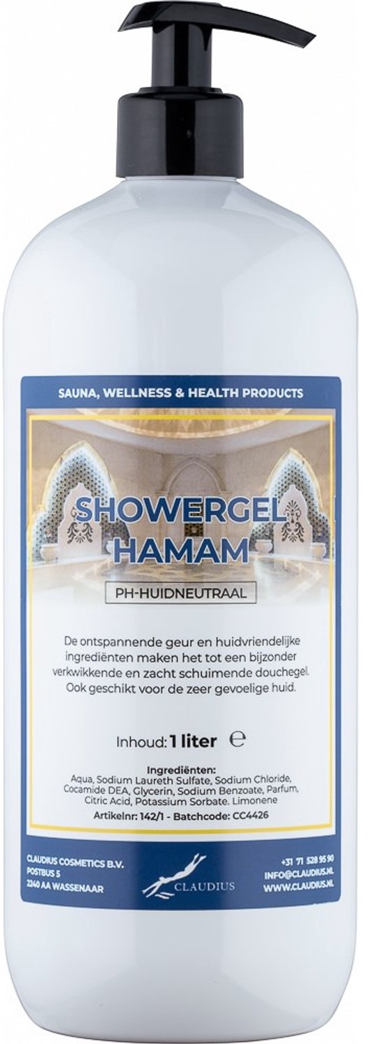 Claudius Douchegel Hamam 1 liter met gratis zwarte pomp - showergel - navulling - voordeelverpakking
