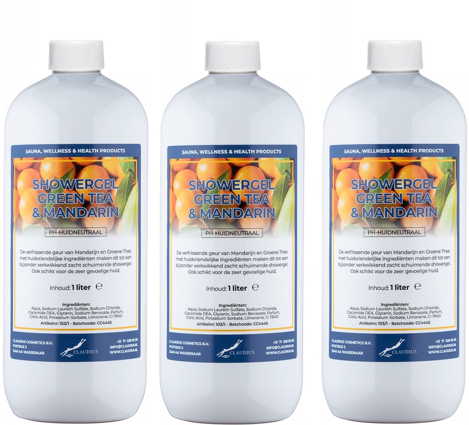 Claudius Douchegel Green Tea & Mandarin 1 liter - set van 3 stuks - showergel - navulling - voordeelverpakking
