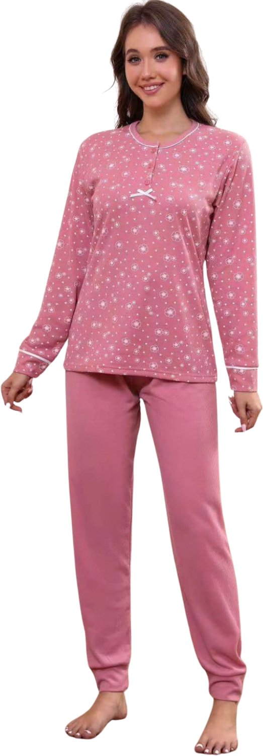 Dames pyjamaset – 2 XL - Superzachte pyjamaset - Gewatteerd - Met 3 knopen, strikje, bloemetjes- en hartjesprint – effen broek -Roos, lichtgrijs of mintgroen