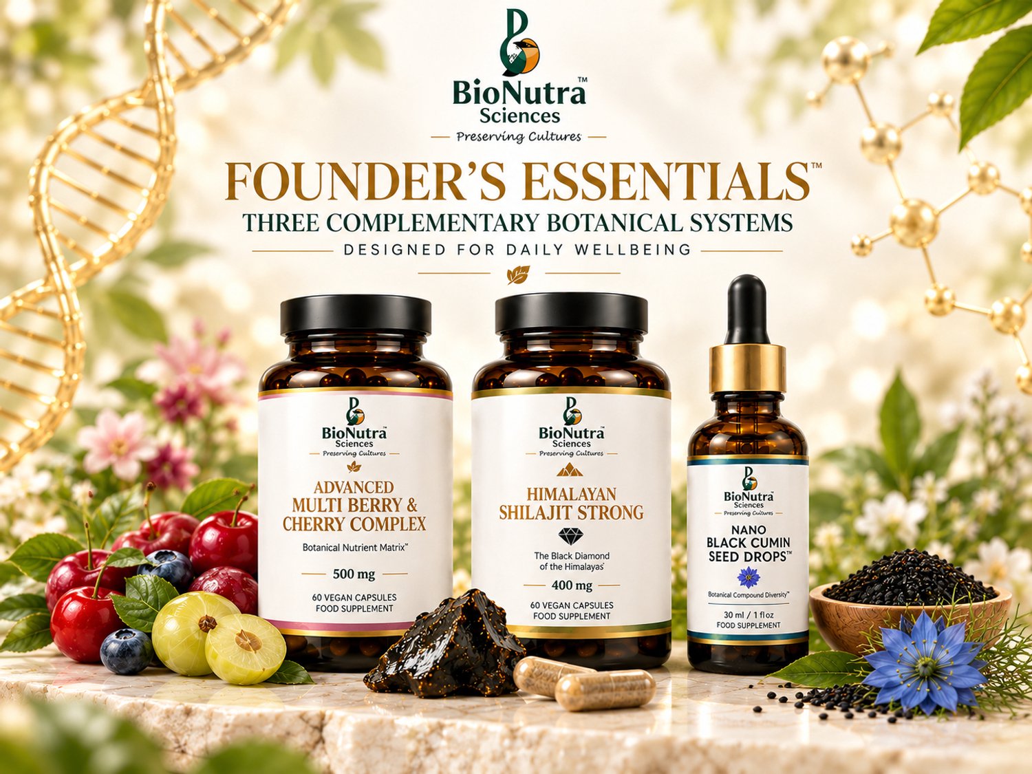 BioNutra Sciences Founder’s Essentials™ – 3-in-1 Botanische Set | Multi Berry & Cherry Vitamine C Complex, Himalaya Shilajit & Zwarte Komijn Nano Drops – 2 × 60 Vegan Capsules + 15 ml