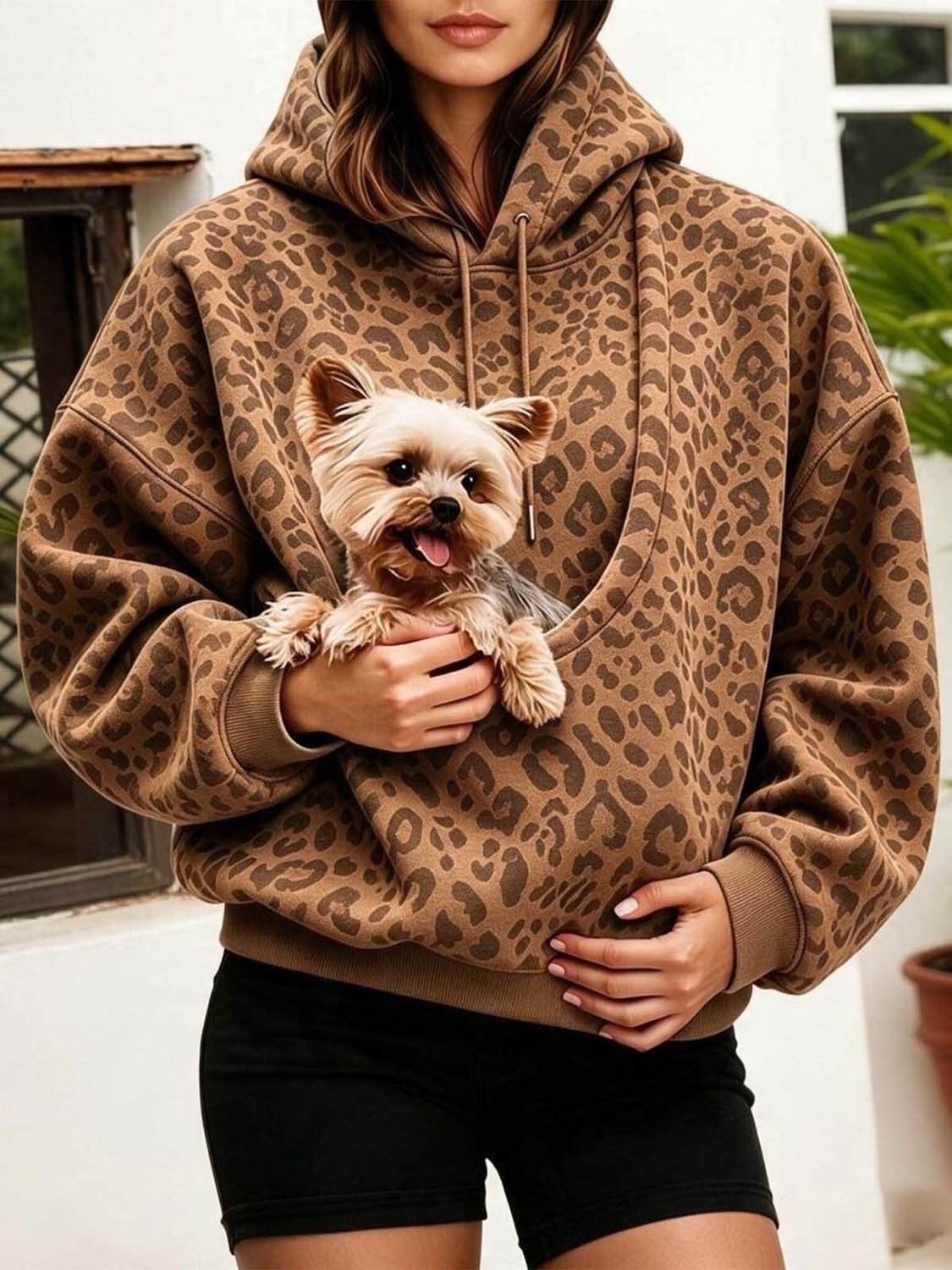 Huisdier Buidel Trui - Hoodie met huisdierenzak - Dieren Draagzak Hoodie - oversized fleece sweatshirt - Panterprint - met capuchon en trekkoord - Voor Kleine Hond & Kat - Maat S - Bruin — cadeau in Cadeau-ideeën - foto 3