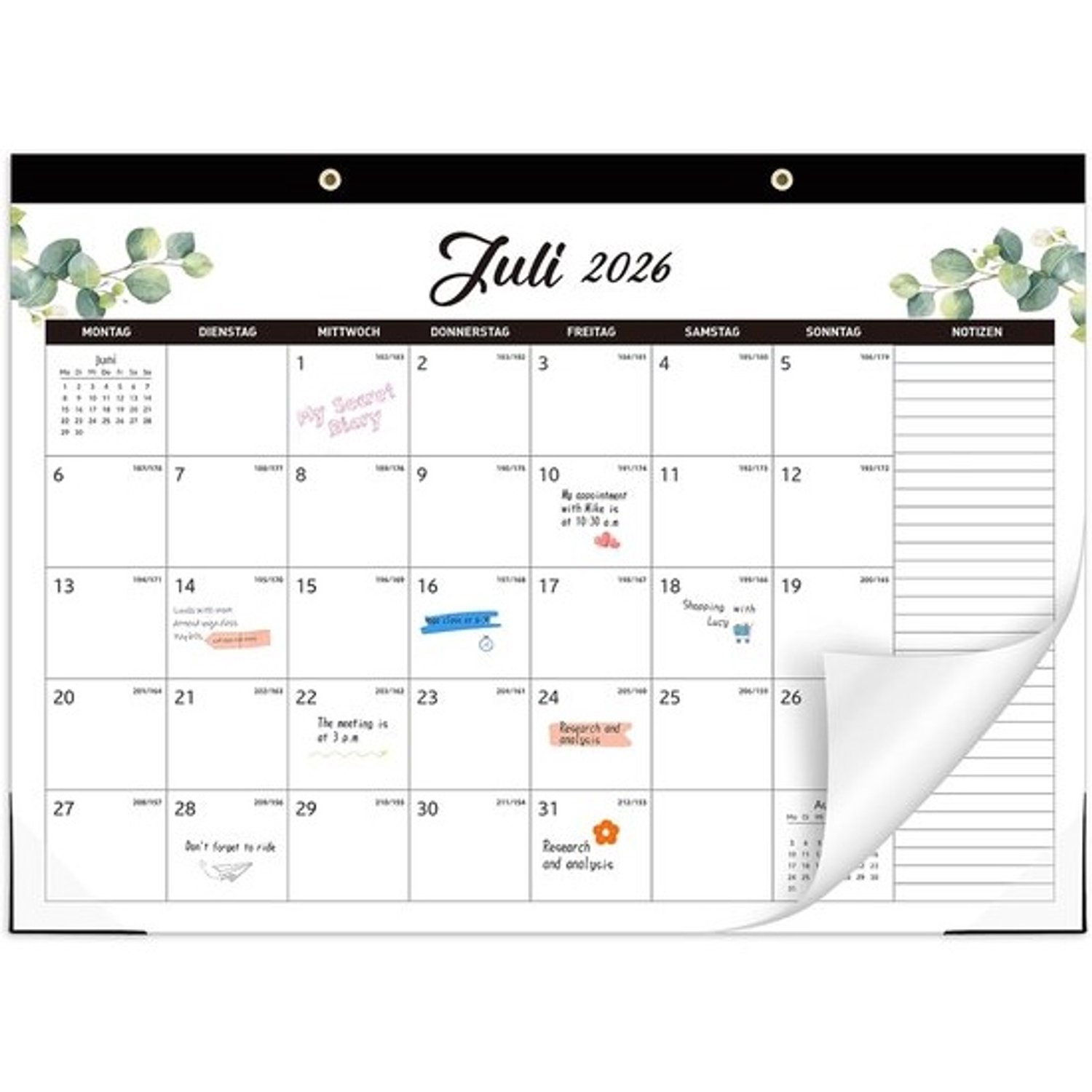 Kalender 2026 2027 - Maandkalender en familieplanner - Afspraken plannen - Overzicht voor 18 maanden - 43 x 30 cm - Wit en groen