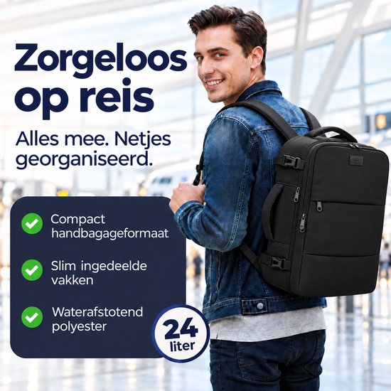 Man draagt zwarte 24L Travlo reistas van 40x30x20cm, ideaal als compacte, waterafstotende handbagage.