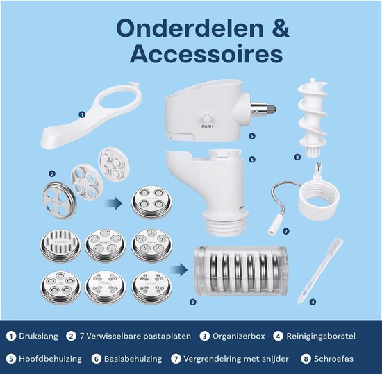 Pastamachine Opzetstuk Geschikt voor KitchenAid - 7-in-1 Pasta Maker Set - Inclusief 7 Wisselbare Pastaplaten voor Fusilli, Spaghetti, Rigatoni, Bucatini, Fettuccine & Macaroni - RVS — afbeelding 5