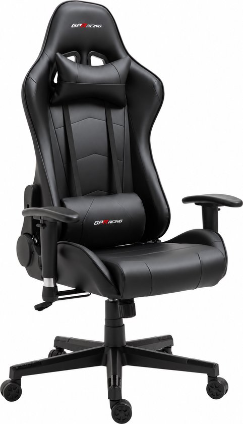 Zwarte GPRACING ergonomische bureaustoel met gaming-design, inclusief nek- en rugkussens met merklogo en verstelbare basis.
