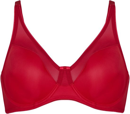 Rode minimizerbeha zonder vulling met beugels en mesh-details op de cups.