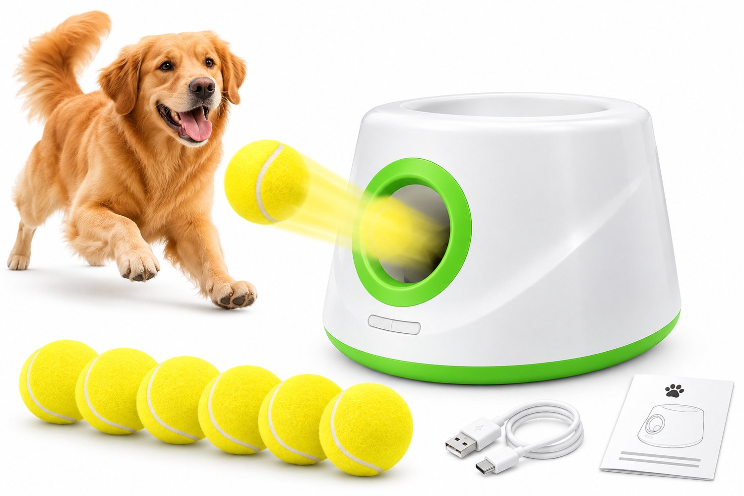 VILIMA - Ballenwerper voor honden - Honden speelgoed - Automatisch - 3 afstandsinstellingen - Incl. 5 tennisballen - Groen