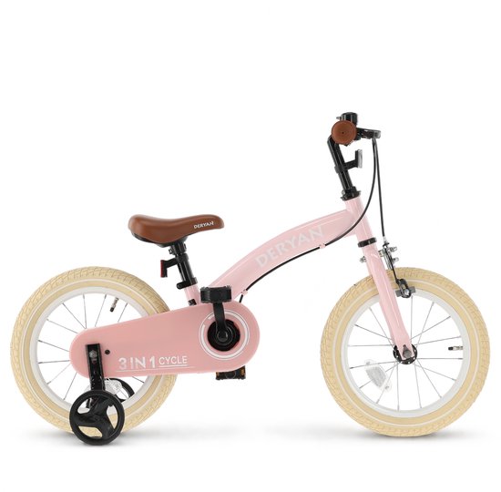 Roze Deryan kinderfiets met bruin zadel en handvatten, en '3 IN 1 CYCLE' tekst op de kettingkast.