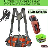 Gozyno Trail Edition wandelset met oranje heuptas, waterfles, schouderbanden en neon-groene reflecterende band.