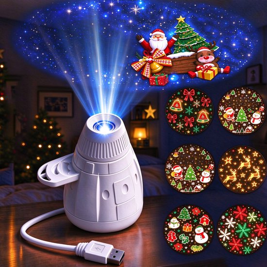 Kerstprojector - Met 6 Kerstafbeeldingen - USB - Kerst Projectielamp - Kerst Led-projector - Plug and Play - Vakantieprojector - LED Projector - Projectorlamp - Mini Feestelijke Projector - Kerstdecoratie - Voor kamperen, auto, plafond, wanddecoratie